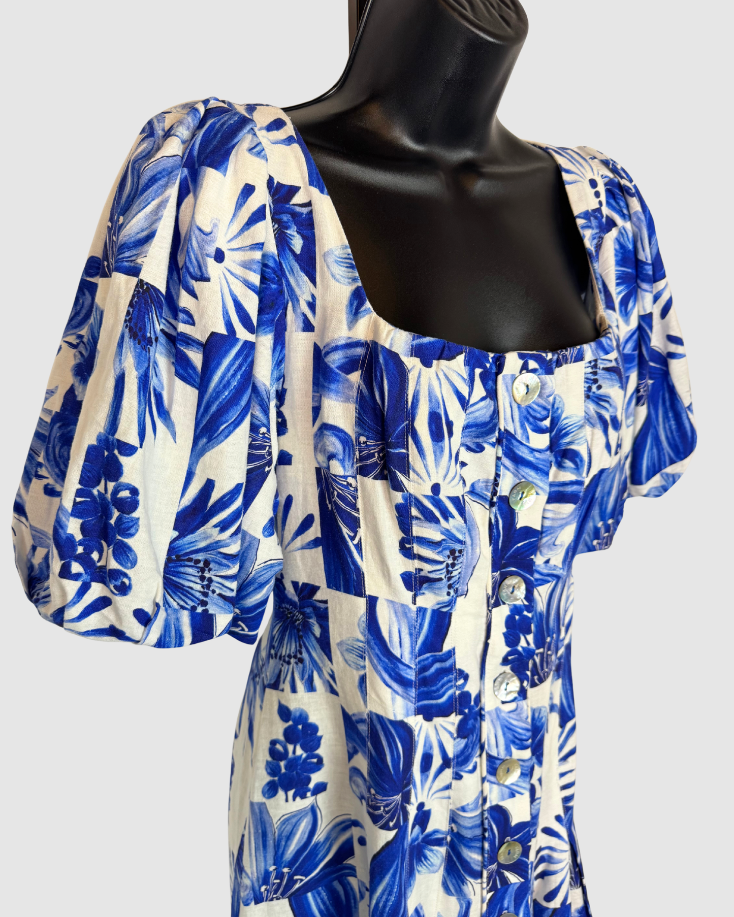 Farm Rio Blue White Floral Short Puff Sleeve Button Mini Dress