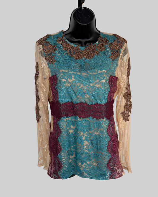 Sundance Nude Turquoise Burgundy Brown Lace Long Sleeve Blouse