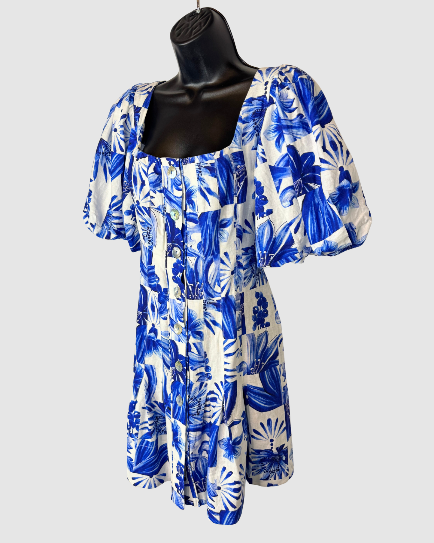 Farm Rio Blue White Floral Short Puff Sleeve Button Mini Dress