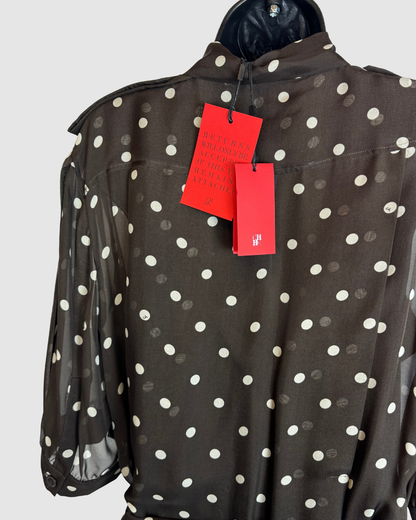 Carolina Herrera Silk Brown w/ White Polka Dot 1/2 Sleeve Midi Button Down Dress