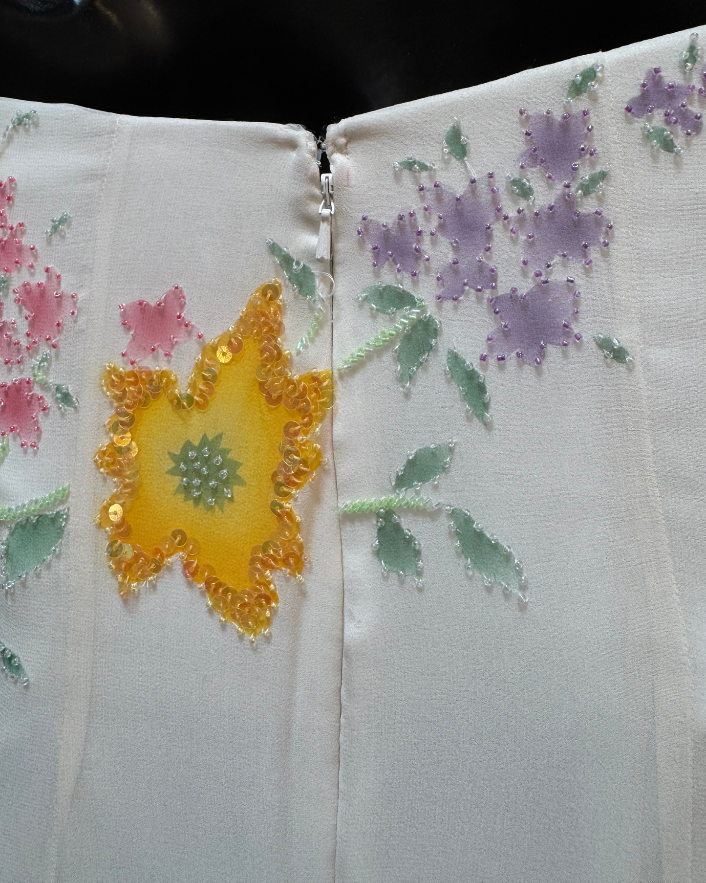 White Satin & Chiffon Strapless Sequin Bead Multi Floral Gown