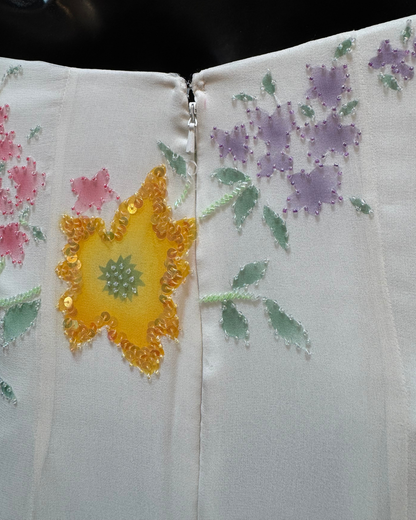 White Satin & Chiffon Strapless Sequin Bead Multi Floral Gown