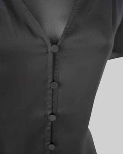 Paige Satin Black Short Flutter Sleeve Button Up Top