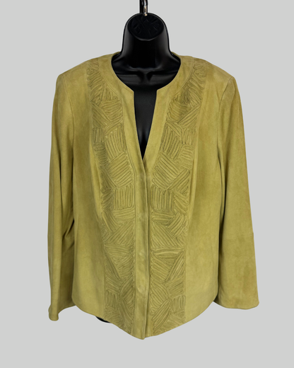 Lafayette 148 Suede Lime Green Textured Stitching Detail Zip Button Jacket