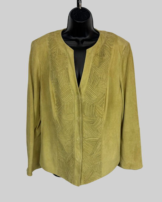 Lafayette 148 Suede Lime Green Textured Stitching Detail Zip Button Jacket