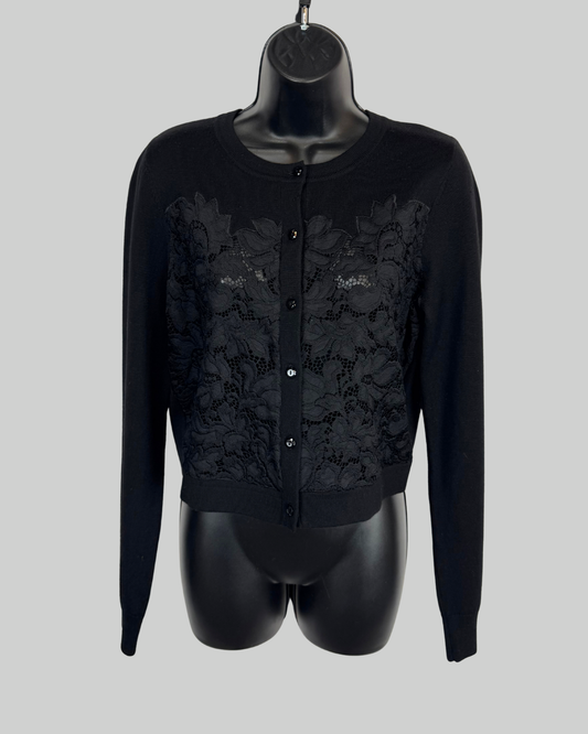 Diane Von Furstenberg Black Floral Lace Detail Long Sleeve Button Up Cardigan