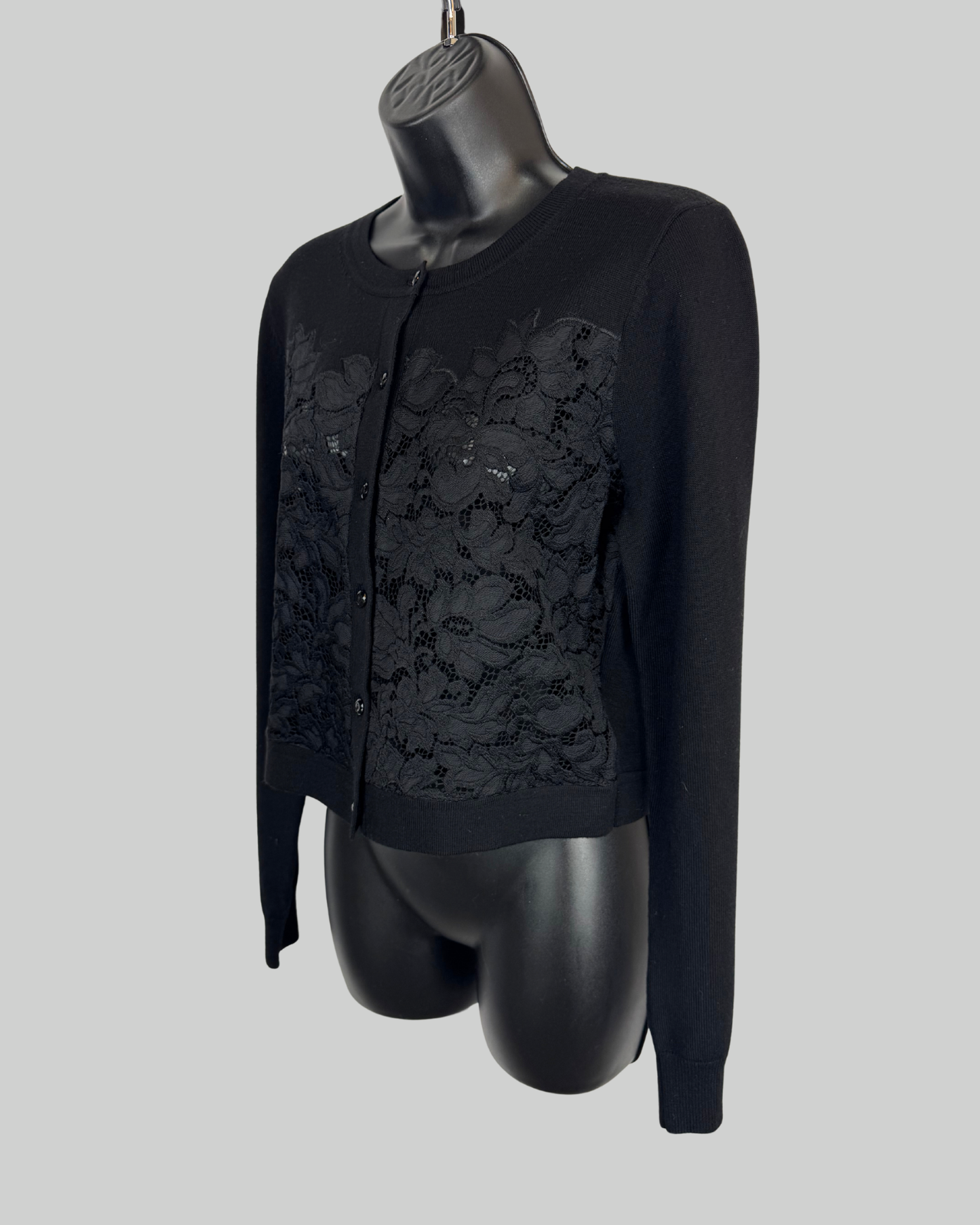 Diane Von Furstenberg Black Floral Lace Detail Long Sleeve Button Up Cardigan