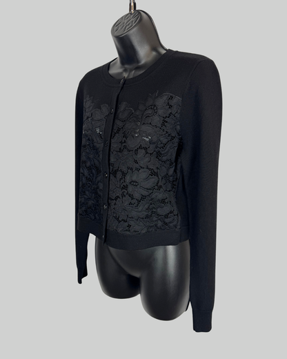 Diane Von Furstenberg Black Floral Lace Detail Long Sleeve Button Up Cardigan