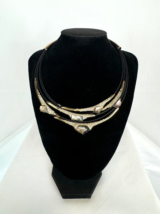 Alexis Bittar 3 Coil Strand Gold Statement Necklace w Diamonds & Stone Detail