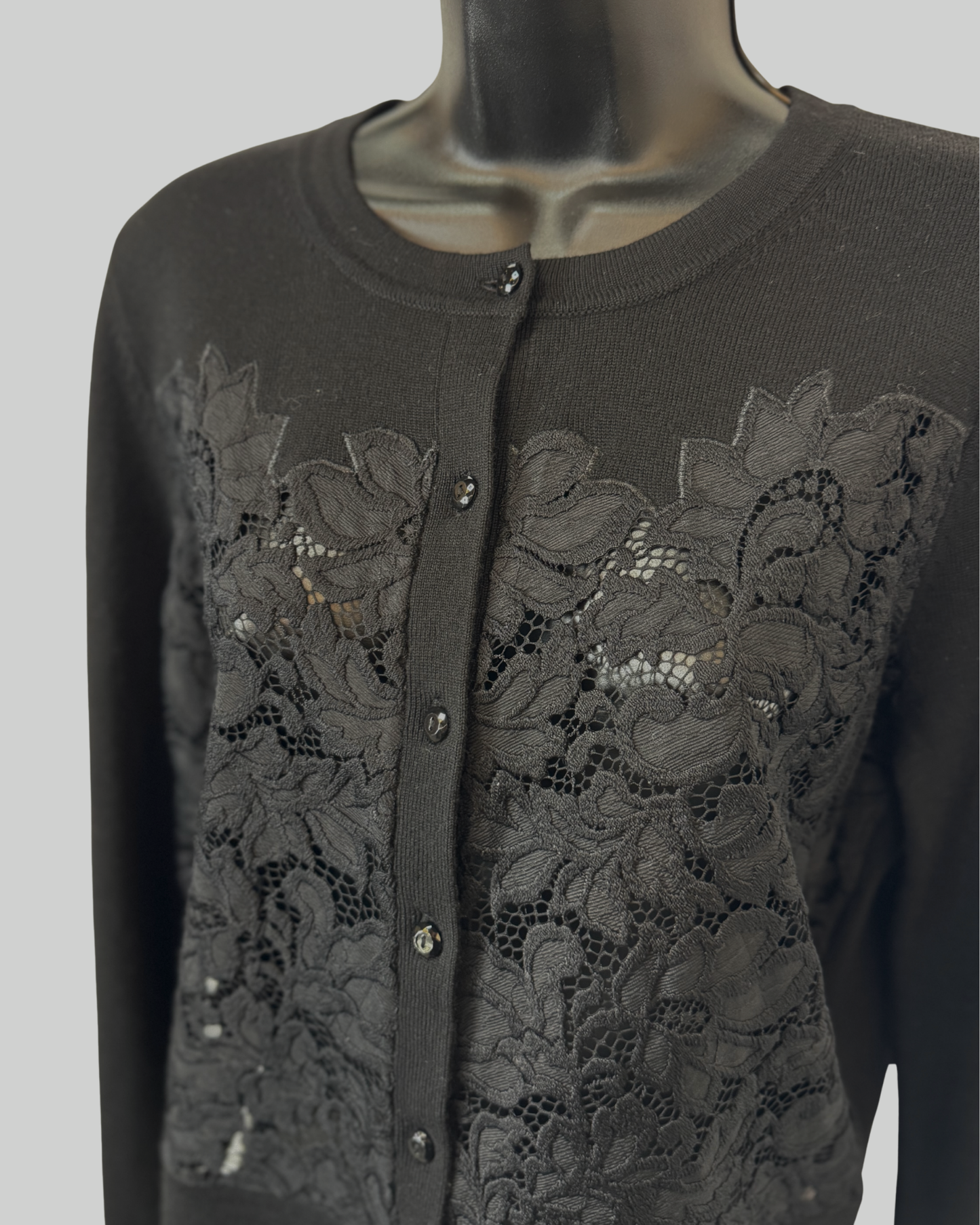 Diane Von Furstenberg Black Floral Lace Detail Long Sleeve Button Up Cardigan