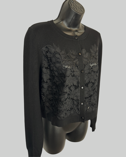 Diane Von Furstenberg Black Floral Lace Detail Long Sleeve Button Up Cardigan