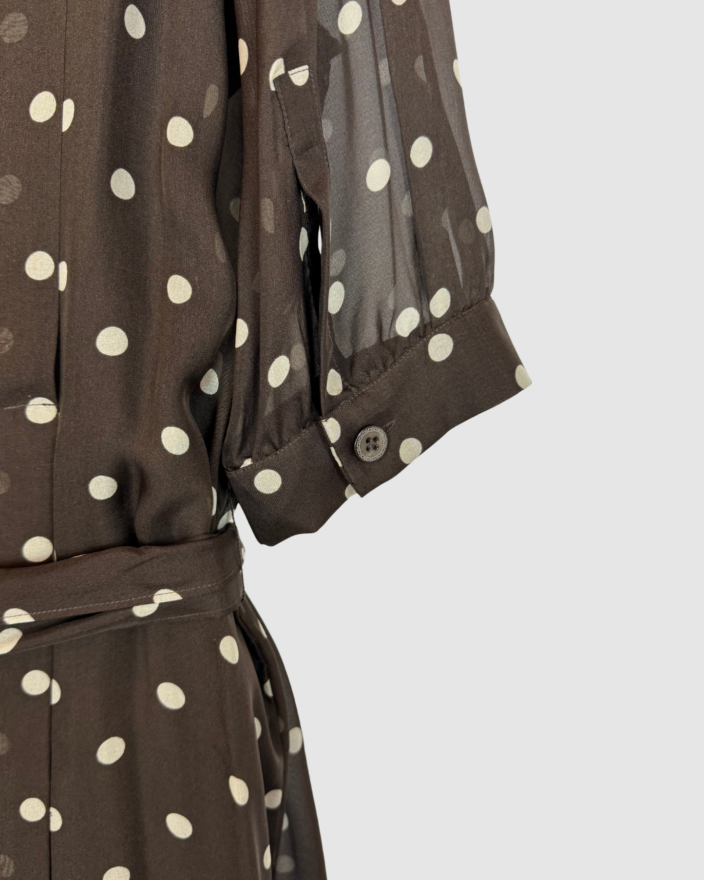 Carolina Herrera Silk Brown w/ White Polka Dot 1/2 Sleeve Midi Button Down Dress