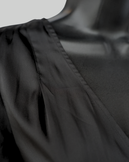 Paige Satin Black Short Flutter Sleeve Button Up Top