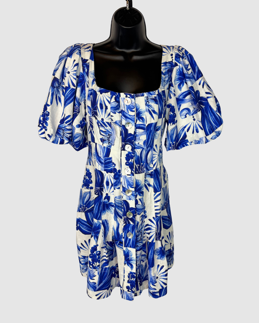 Farm Rio Blue White Floral Short Puff Sleeve Button Mini Dress