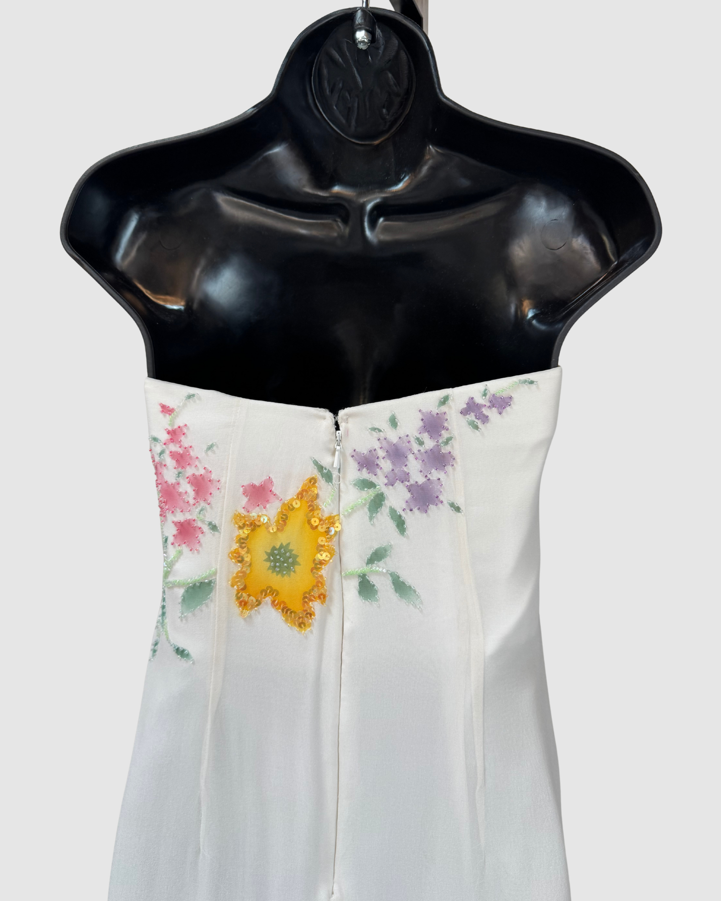 White Satin & Chiffon Strapless Sequin Bead Multi Floral Gown