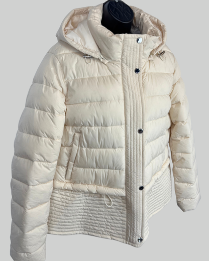 Tahari Cream Button & Zip Quilted Puffer Coat w Hood NWT