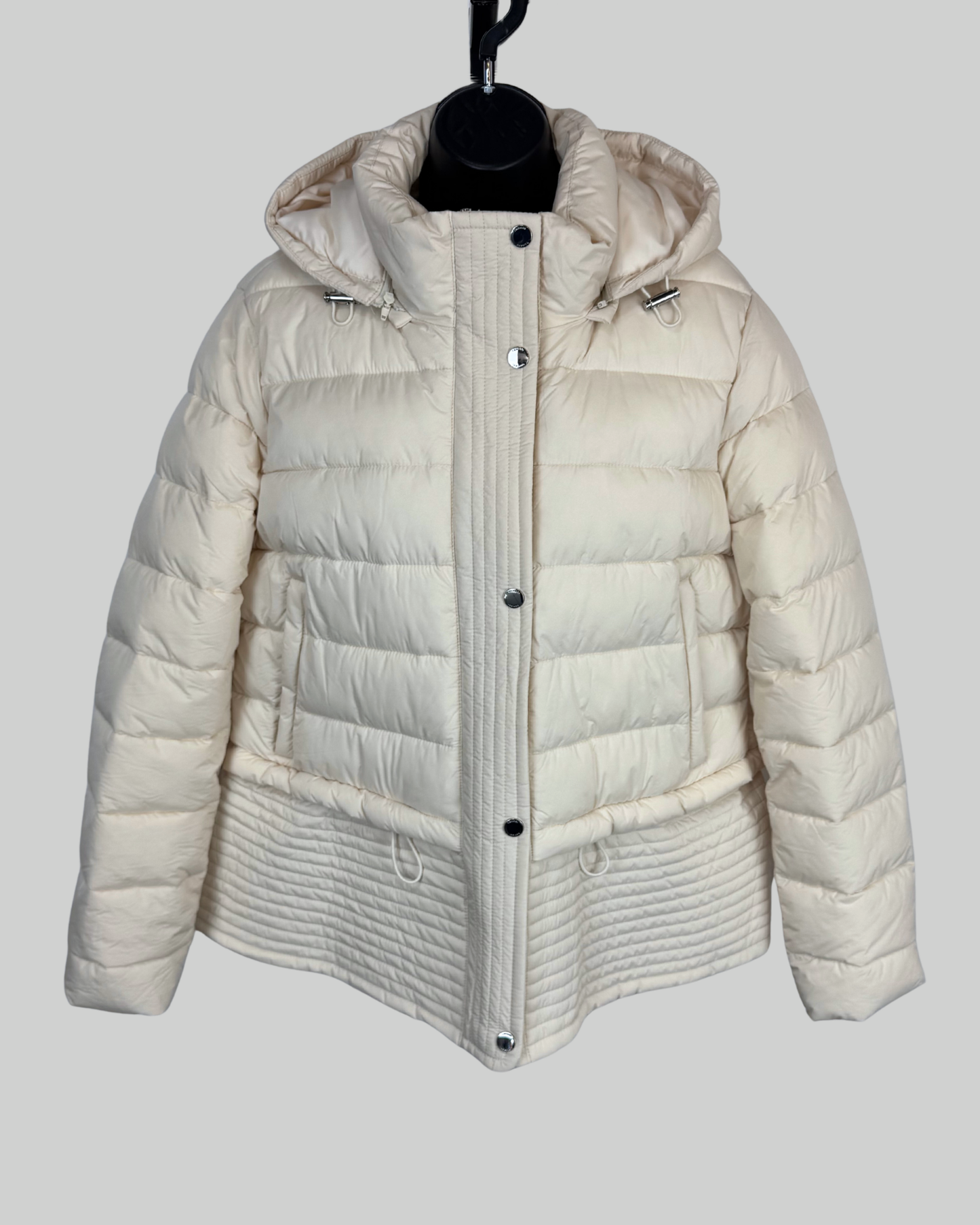 Tahari Cream Button & Zip Quilted Puffer Coat w Hood NWT