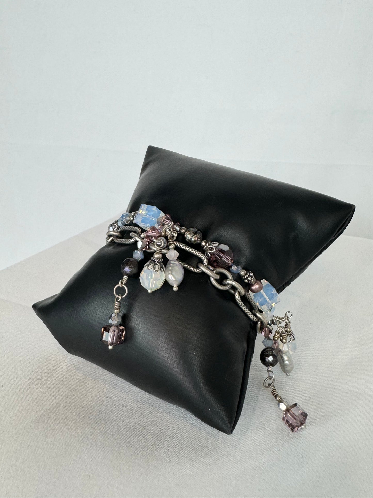 Tres Jolis Pearl Purple Crystal & Silver Toned Charm Chain Link Multi Dangle Bracelet