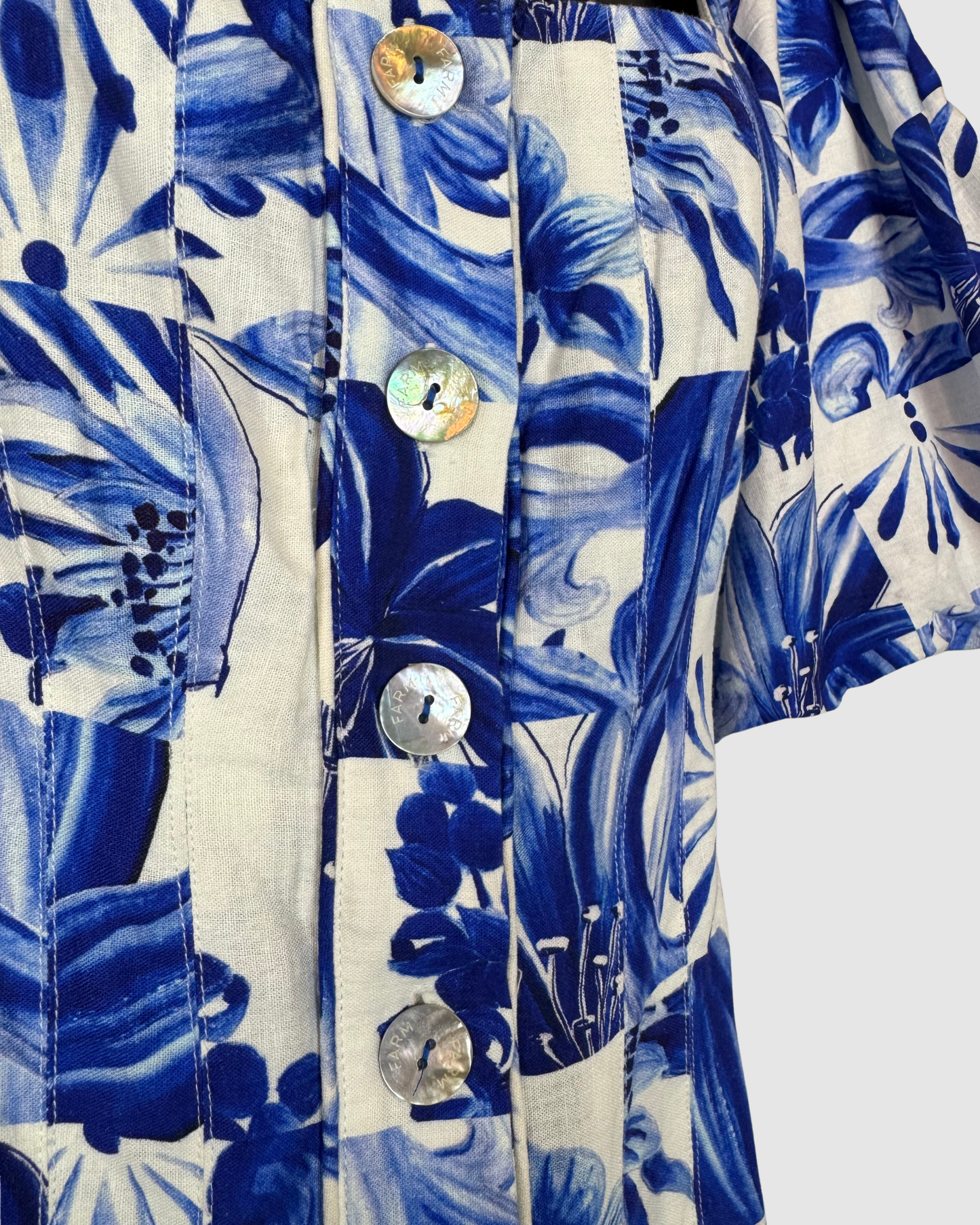 Farm Rio Blue White Floral Short Puff Sleeve Button Mini Dress