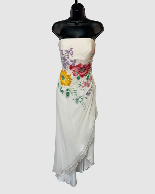 White Satin & Chiffon Strapless Sequin Bead Multi Floral Gown