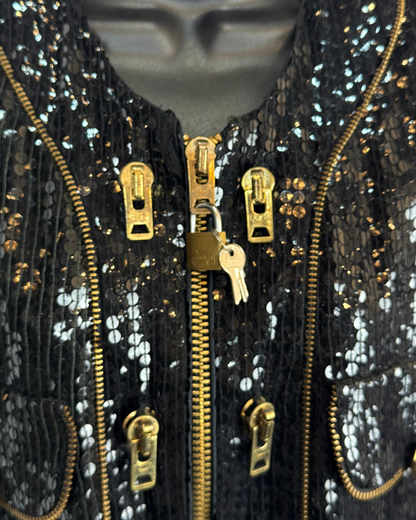 Vintage Jeanette St. Martin Fred Hayman Black Sequin Multi Zipper Jacket
