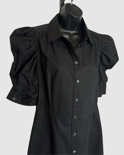 Frame Peplum Black 1/2 Puff Sleeve Button Up Mini Dress