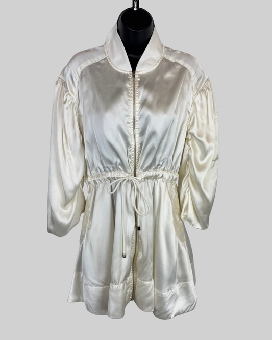 Love the Label Cream Satin Zip Down Long Sleeve Dress w/ Drawstring Waist