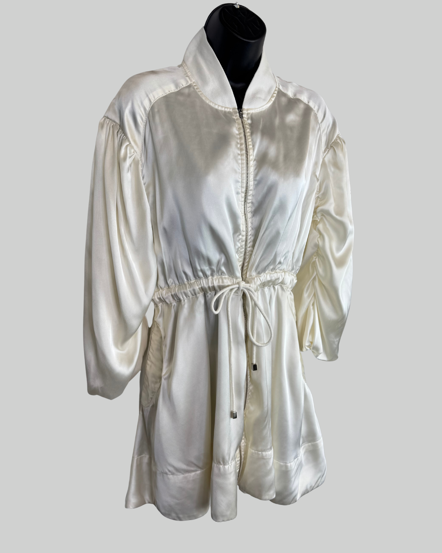 Love the Label Cream Satin Zip Down Long Sleeve Dress w/ Drawstring Waist