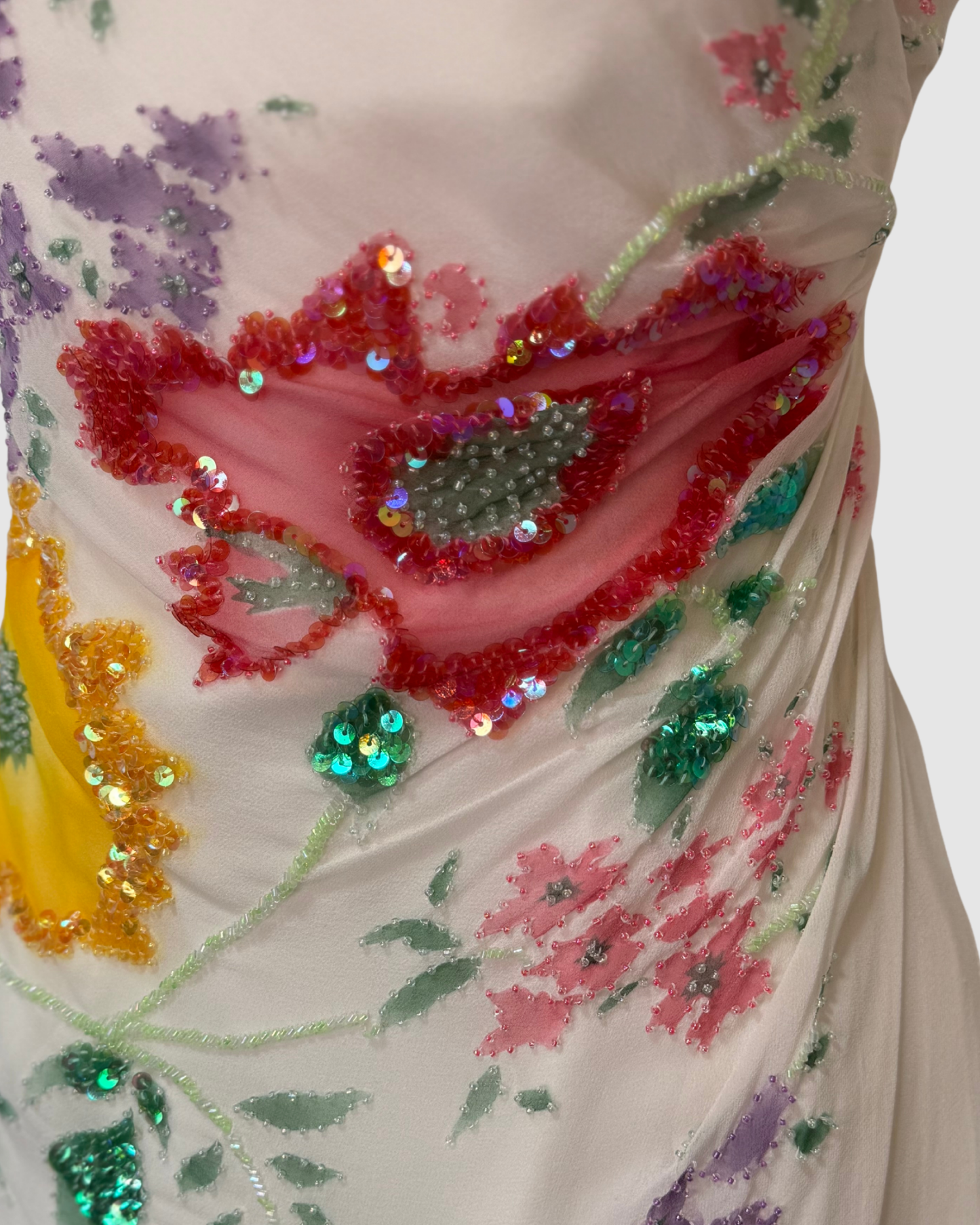 White Satin & Chiffon Strapless Sequin Bead Multi Floral Gown