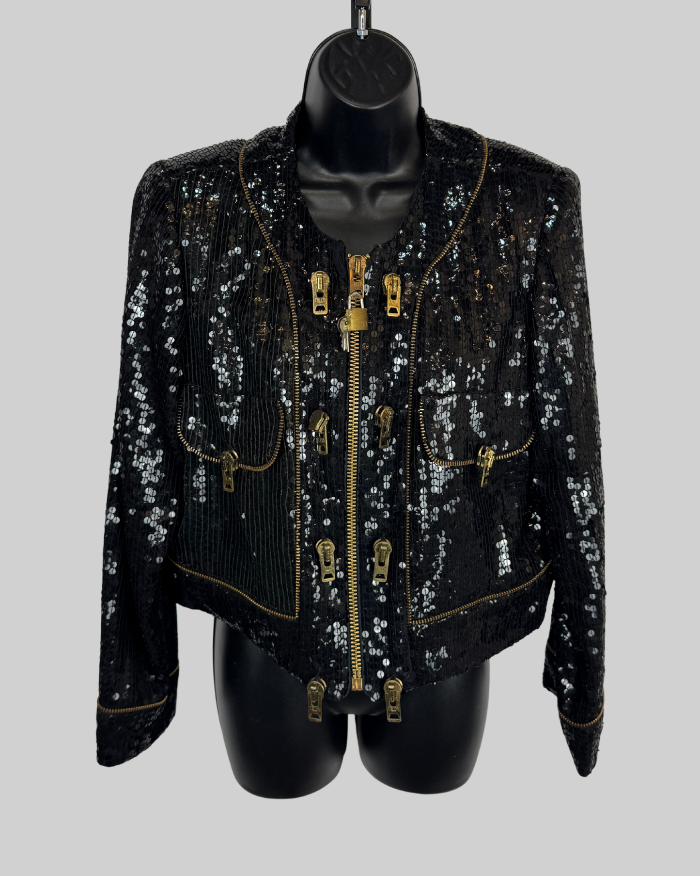 Vintage Jeanette St. Martin Fred Hayman Black Sequin Multi Zipper Jacket