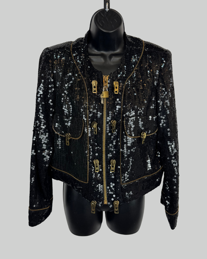 Vintage Jeanette St. Martin Fred Hayman Black Sequin Multi Zipper Jacket