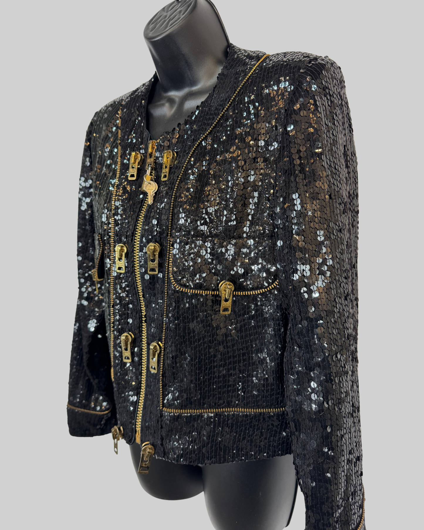 Vintage Jeanette St. Martin Fred Hayman Black Sequin Multi Zipper Jacket