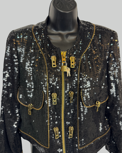 Vintage Jeanette St. Martin Fred Hayman Black Sequin Multi Zipper Jacket