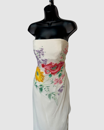 White Satin & Chiffon Strapless Sequin Bead Multi Floral Gown