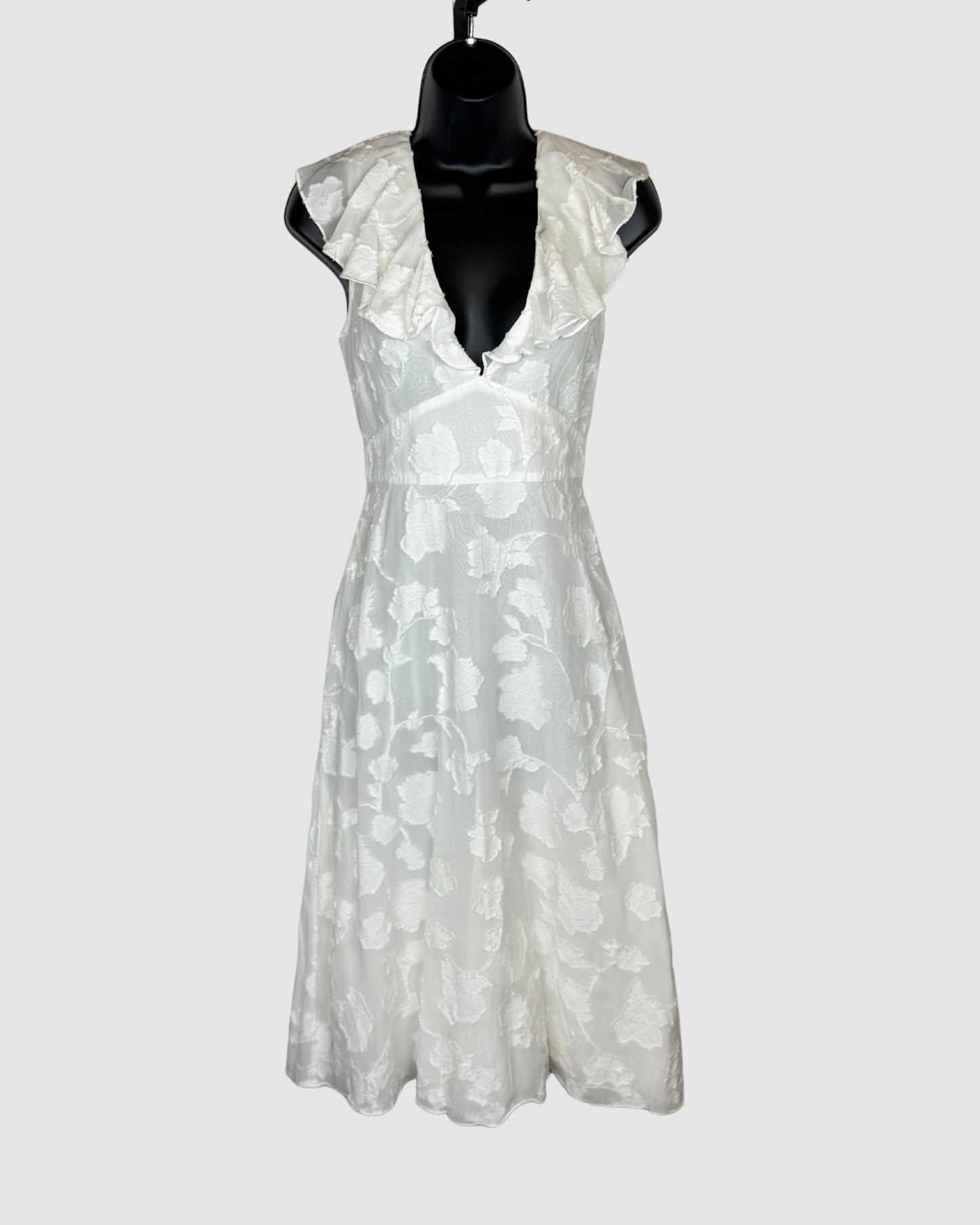 Joie White w Floral Texture Ruffle V-Neck Cap Sleeve Midi Dress w Tie Back