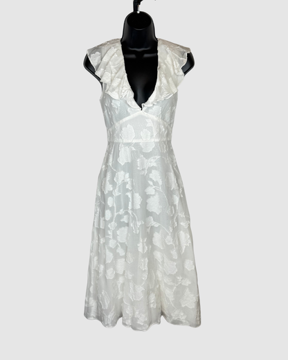 Joie White w Floral Texture Ruffle V-Neck Cap Sleeve Midi Dress w Tie Back