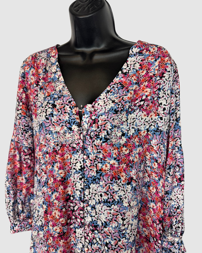 Parker Silk Pink Blue & White Mini Floral Print 3/4 Sleeve Button Down Blouse