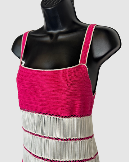 My Beachy Side Pink Woven White Fringe Stripe Sleeveless Maxi Dress