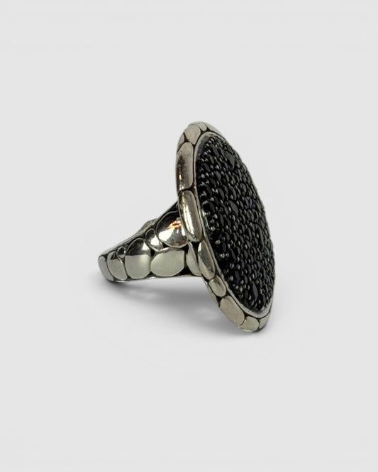 John Hardy Sterling Silver Kali Pebble Blue/Black Sapphire Disc Ring