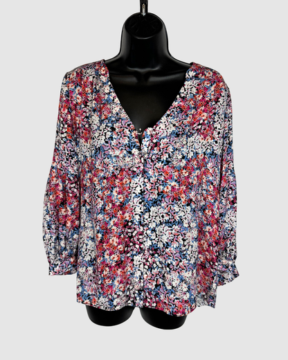 Parker Silk Pink Blue & White Mini Floral Print 3/4 Sleeve Button Down Blouse