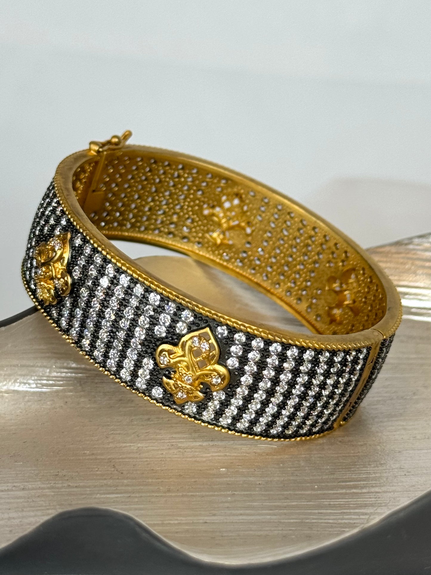 Freida Rothman Gold Black Matte & Rhinestone Thick Bangle Bracelet