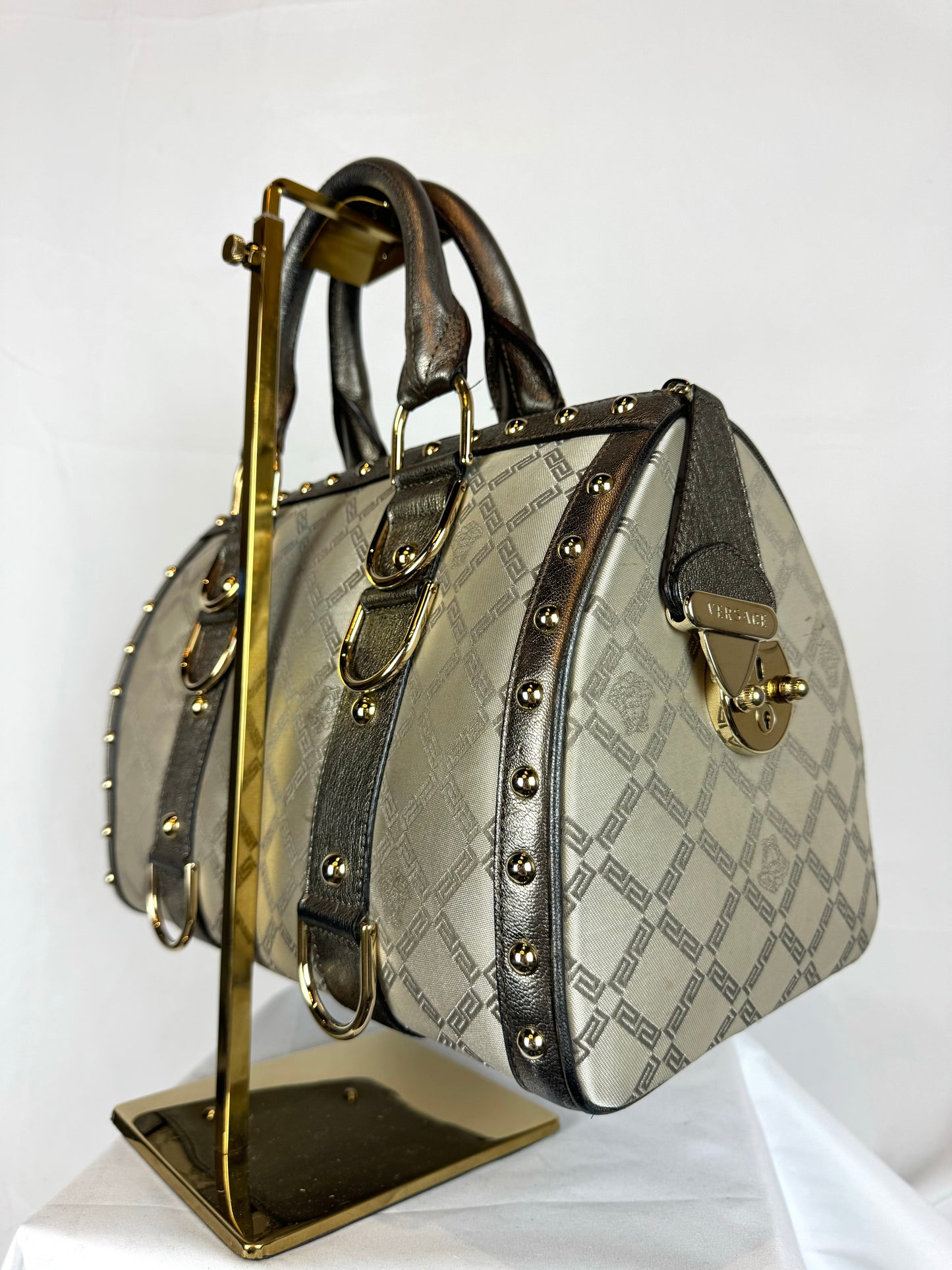 Versace Beige Metallic Leather Gold tone Hardware "Madonna Boston" Tote Bag