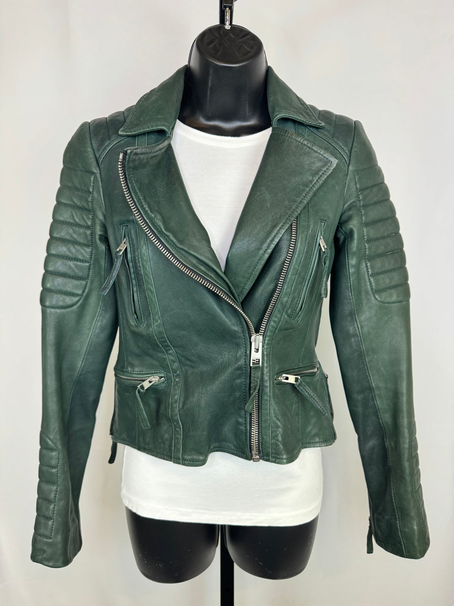 All Saints Dark Green Leather Quilt Detail Zip Up Moto Jacket