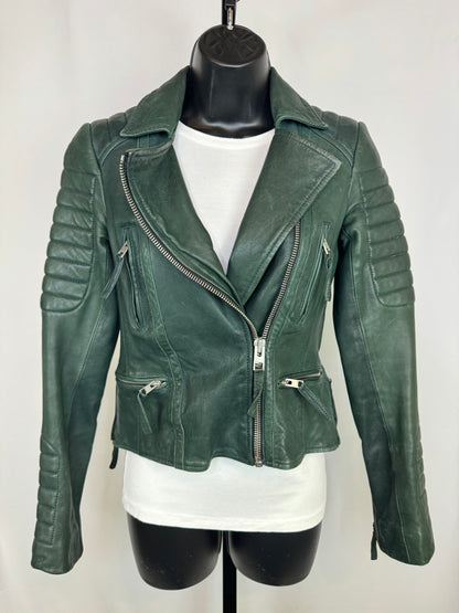 All Saints Dark Green Leather Quilt Detail Zip Up Moto Jacket