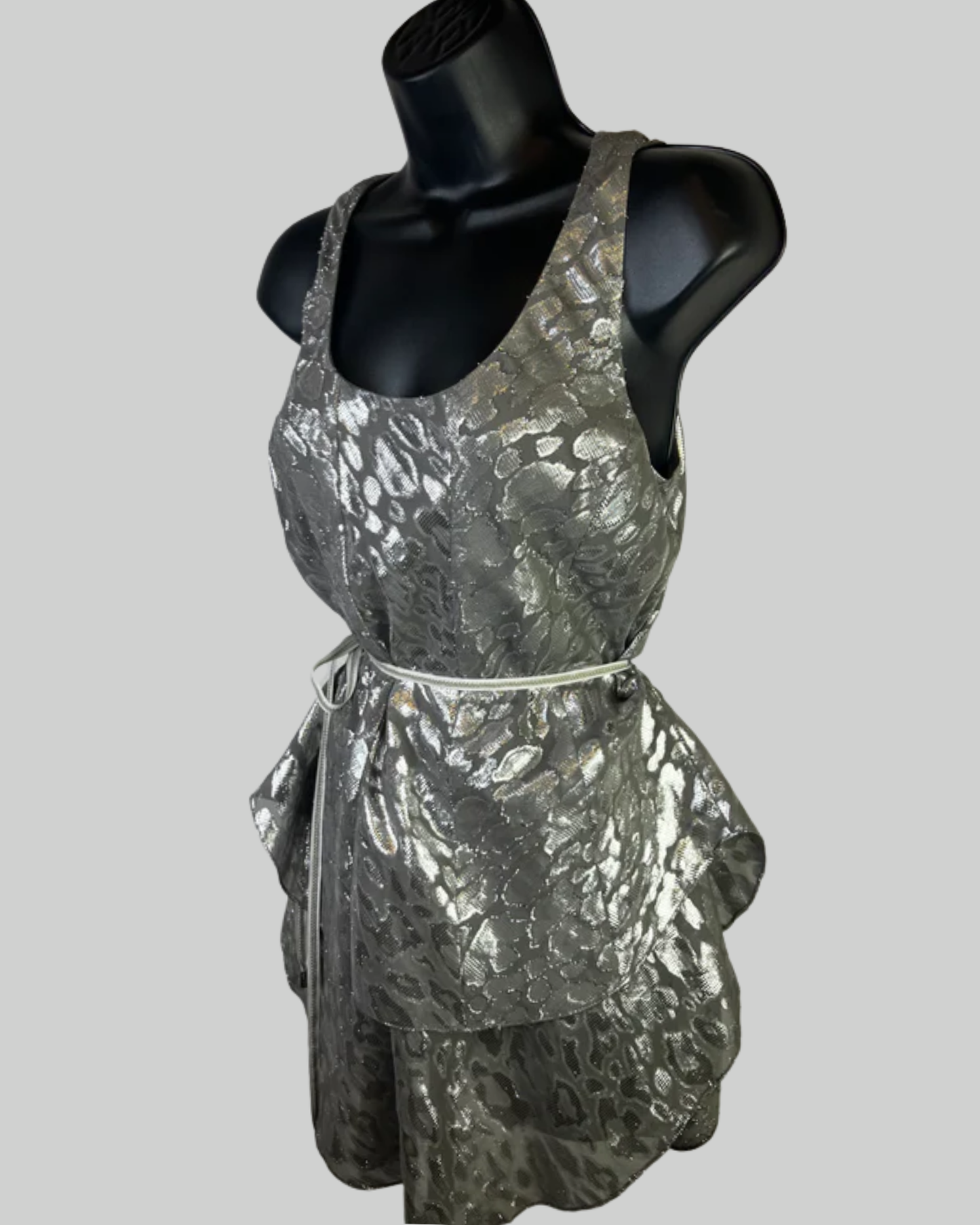 Etcetera Silk Grey & Silver Sleeveless Blouse w/ Waist Tie