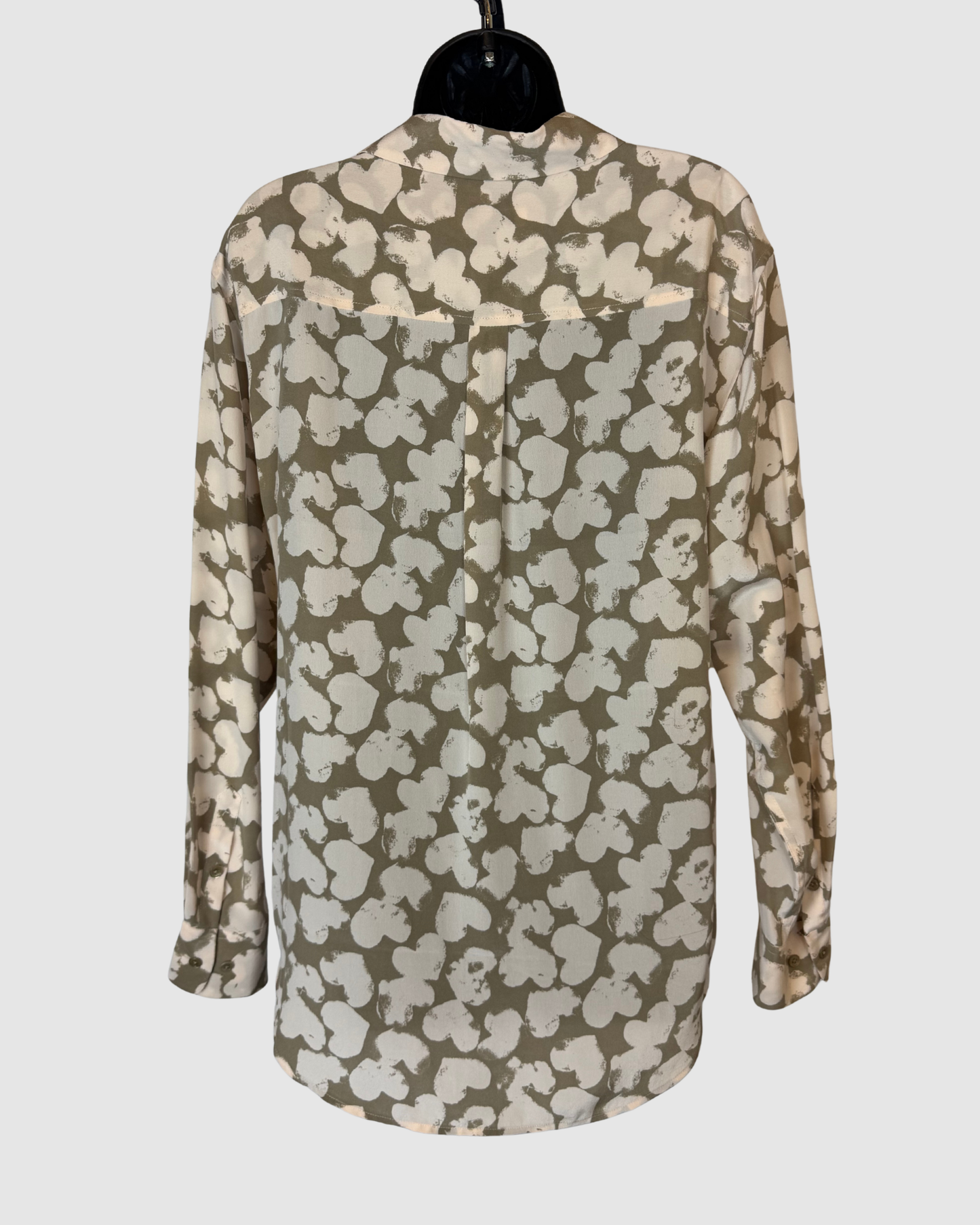 Equipment Silk Beige Brown Heart Print Double Breasted Long Sleeve Button Blouse