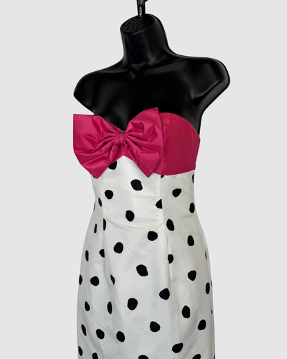Jovani White Black Polka Dot Pink Bow Neckline Strapless Gown