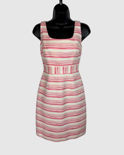 Trina Turk White & Pink Stripe Square Neck Sleeveless Fitted Knee-Length Dress