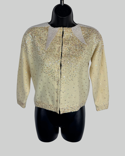 Devi's Cashmere Cream White Beaded  & Sequin Clasp Down Long Sleeve Cardigan Sweater