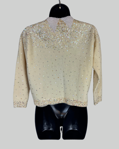 Devi's Cashmere Cream White Beaded  & Sequin Clasp Down Long Sleeve Cardigan Sweater